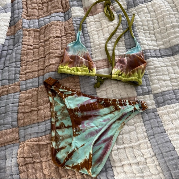 Lucky Brand vtg brown green y2k 2000 triangle key ring high cut tie dye bikini - Picture 4 of 8